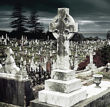 Silent Stone, white, cross, clouds, trees, marble, stone, tomb, sky HD wallpaper