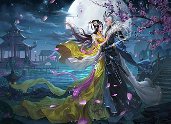 Fantasy couple, blue, spring, moon, petals, flower, couple, blossom, white, frumusete, asian, horns, demon, pink, fantasy, cherry, sakura, luminos HD wallpaper