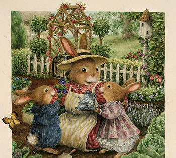 Teatime in the Garden, bunnies, tea, garden, grass, ground, tea pot, painting, fence, trees, flowers, tea cup, saucer, trellis, hat, bird house HD wallpaper