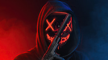 Glowing Mask Eyes With Gun , hoodie, mask, neon, artist, artwork, digital-art HD wallpaper