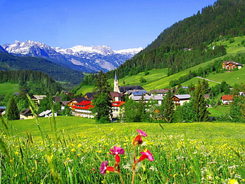 Mountain village, peaceful, houses, wildflowers, trees, greenery, hills, beautiful, grass, mountain, summer, pretty, valley, nature, sky, flowers, lovely, village, countryside HD wallpaper