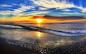 Seaside Sunset, reflection, clouds, sky, sun, beach HD wallpaper