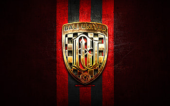 Bali United FC, golden logo, Indonesia Liga 1, red metal background, football, Indonesian football club, Bali United logo, soccer, Bali United HD wallpaper