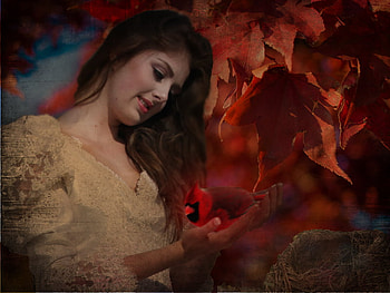 Autumn Goddess, tenderness, leaves, bird, autumn, beautiful, woman HD wallpaper