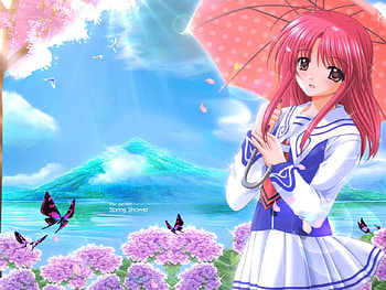 Lilac Garden, blue, river, sea, umbrella, cute, girl, beautiful, beauty, butterflies, anime, pretty, flowers, sky, ocean HD wallpaper
