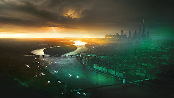 Green City Birds Sky Storm Clouds, city, birds, sky, storm, clouds, artist, artwork, digital-art, deviantart HD wallpaper