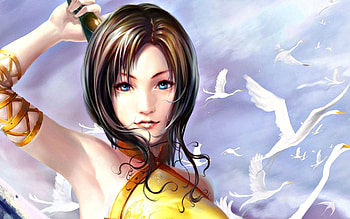 Cranes dance, blue, white, bird, art, girl, woman, Chen Wei, fantasy, yellow, fying HD wallpaper