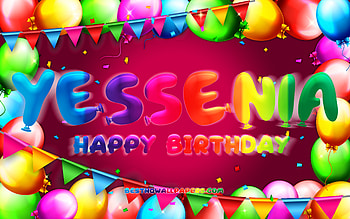 Happy Birtay Yessenia, , colorful balloon frame, Yessenia name, purple background, Yessenia Happy Birtay, Yessenia Birtay, popular mexican female names, Birtay concept, Yessenia HD wallpaper