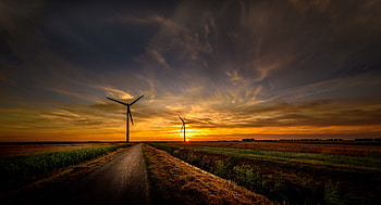 Sunrise Wind Turbine Road Sky , wind-turbine, sunrise, road, sky, nature HD wallpaper