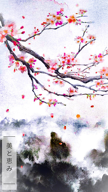 Beauty and Grace, cherry-blossom, art, Japanese, petals HD phone wallpaper
