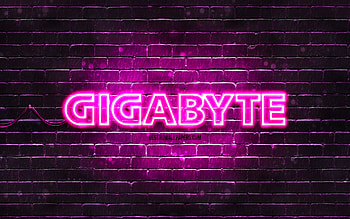 Gigabyte purple logo, , purple brickwall, Gigabyte logo, brands, Gigabyte neon logo, Gigabyte HD wallpaper