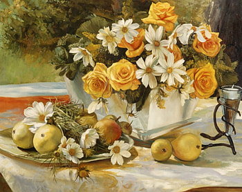 gaze of color, table, roses, window, candle, vase, fruit, flowers, cloth HD wallpaper