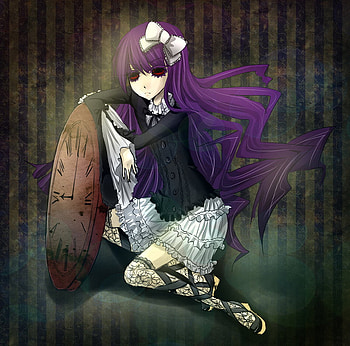 shiki, purple hair, time, green, long hair, dress, black eyes, bluhs HD wallpaper