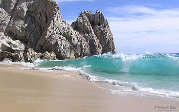 Splashing the Sand, blue, sand, tide, beach, rock, day, clouds, sky, water, wave HD wallpaper