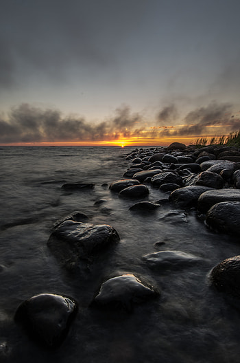 Nature, Water, Sunset, Stones, Sky, Sea, Horizon HD phone wallpaper