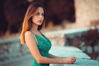 Blonde Hair Green Dress Girl Roof Looking At Viewer, green-dress, girls, model HD wallpaper