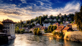 Beautiful Place, river, town, colors, peaceful, houses, sunrise, beauty, buildings, reflection, trees, water, switzerland, bern, sunset, architecture, city, house, landscape, r, beautiful, leaves, pretty, building, view, clouds, nature, sky, lovely, splendor HD wallpaper