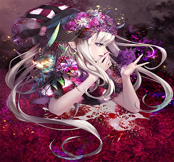 Beautiful Anime art, sweet, white, black, art, cute, girl, beautiful, long hair, beauty, purple, pink, anime, pretty, red, flowers, lovely HD wallpaper