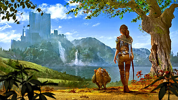 Iggy and Me, fantasy, landscape, women, castle, warrior, pig HD wallpaper