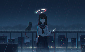 Angel Anime Girl School Uniform Cat Rain, anime-girl, anime, artist, artwork, digital-art HD wallpaper