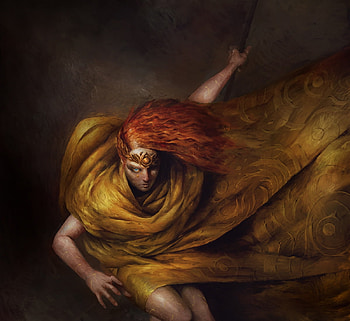 Fall, fantasy, art, yellow, stanislav dikolenko, girl, redhead, luminos HD wallpaper