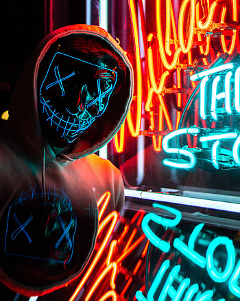 Shine, Light, Miscellanea, Miscellaneous, Neon, Mask, Human, Person, Hood HD phone wallpaper
