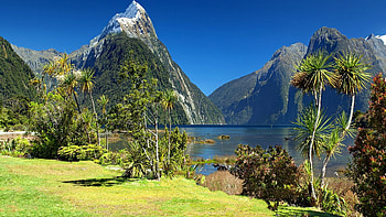 Mitre Peak, Fiordland National Park, New Zealand, sea, hills, landscape, trees, sky, water HD wallpaper