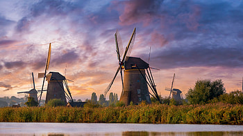 Netherlands Windmill White Blue Clouds Sky Reflection Travel HD wallpaper