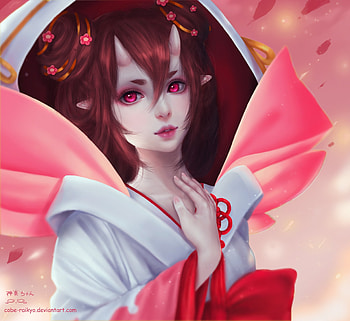 Momo No Sei, pink, white, fantasy, horns, face, girl, demon, h bpon HD wallpaper