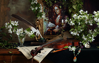 Still life, Violon, Pen, Notes, Portrait, Branches HD wallpaper