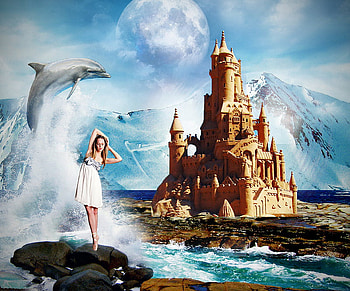 A Fantastic Fantasy World, moon, clouds, sky, castle, mountains, dolphin, ocean, ballerina HD wallpaper