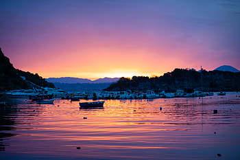 Nature, Sunset, Sea, Waves, Glare, Boat HD wallpaper