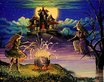 Mountain Spells, artwork, moon, witches, house, sky, fire, tree HD wallpaper