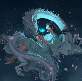 Dragon Lady, blue, fantasy, art, dragon, luminos, tuotuole, girl HD wallpaper