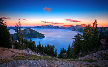 Nature, Trees, Sunset, Sky, Mountains, Clouds, Lake, Height, Island, Islet, Rocky, Stony HD wallpaper