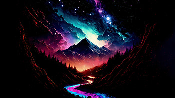 Celestial Mountain Glow: Starry Sky Landscape, Stars, landscape, mountain, cloud, sky HD wallpaper