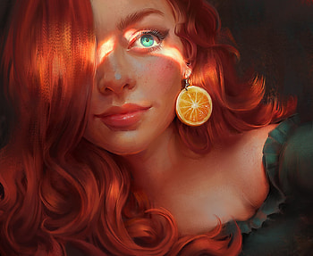 Redhead, art, gorgeous, face, slice, orange, earring, mandy jurgens, frumusete, girl, suoerb HD wallpaper