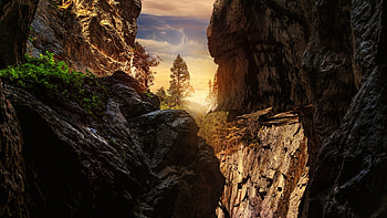 Switzerland, Canton of Berne, Shadow half, alps, rocks, canyon, landscape, trees, sunset HD wallpaper
