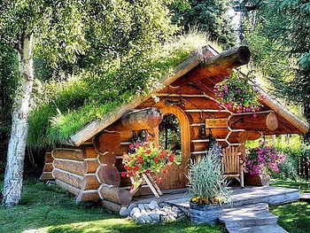 Beautiful wooden house, wooden, relaxing, place, nice, brown, colorful flowers, path, house, beautiful, grass, stones, rest, pretty, green, nature, wooden chairs, lovely, forest, countryside HD wallpaper