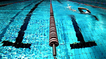 A person swimming in a clear blue outdoor pool with lane dividers. HD wallpaper