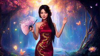 AI Art — Dragon Qipao Woman in Enchanted Glade HD wallpaper