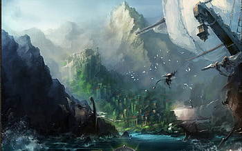 Lost world, birds, ship, lost, clouds, world, sky, dreamy HD wallpaper