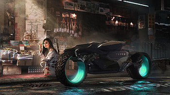 Girl At Sushi Store With Cyber Bike, artist, artwork, cyberpunk, artstation HD wallpaper