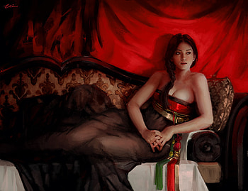The crimson, hanho lee, fantasy, art, red, girl, luminos, odalisque, jiun kuo HD wallpaper