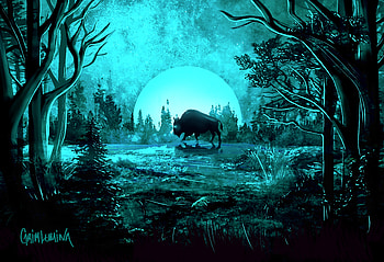 Art, Night, Moon, Shine, Light, Buffalo, Bison HD wallpaper