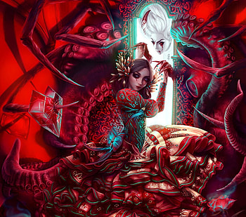 How fine you look when dressed in rage, omrikoresh, girl, omri koresh, dark, alice, fantasy, red, wonderland, luminos, queen HD wallpaper