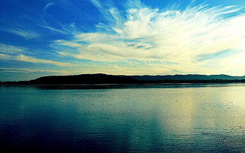 Nature, Sky, Mountains, Sea, Clouds, Shine, Light, Ripples, Ripple, Color, Colors, Paints, Azure HD wallpaper