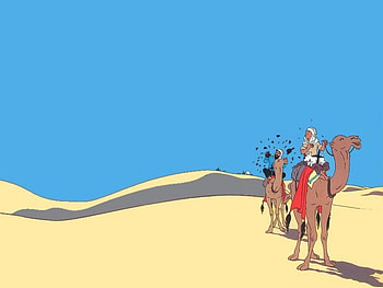 Le Crabe Aux Pinces D'Or, blue, dog, milou, cartoon, colored, sand, camel, cartoons, animals, desert, camels, snowy, herge, comic, france, cool, funny, tintin HD wallpaper