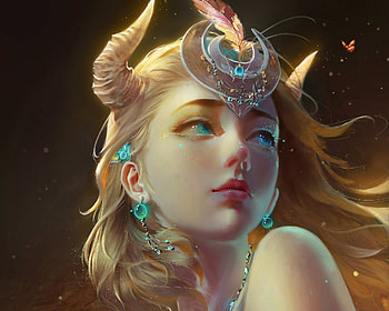 Zodiac ~ Taurus, horns, art, blonde, gorgeous, girl, demon, superb, jewel, earrings, zodiac, fantasy, green, yellow, face, otops, taurus, taur, frumusete HD wallpaper