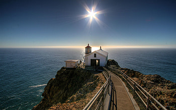 Nature, Mountains, Sun, Road, Ocean, Small House, Lodge, Lighthouse HD wallpaper